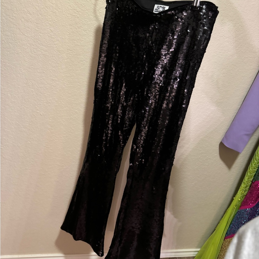 Future collective KAHLANA BARFIELD BROWN sequin black flare high waisted pants